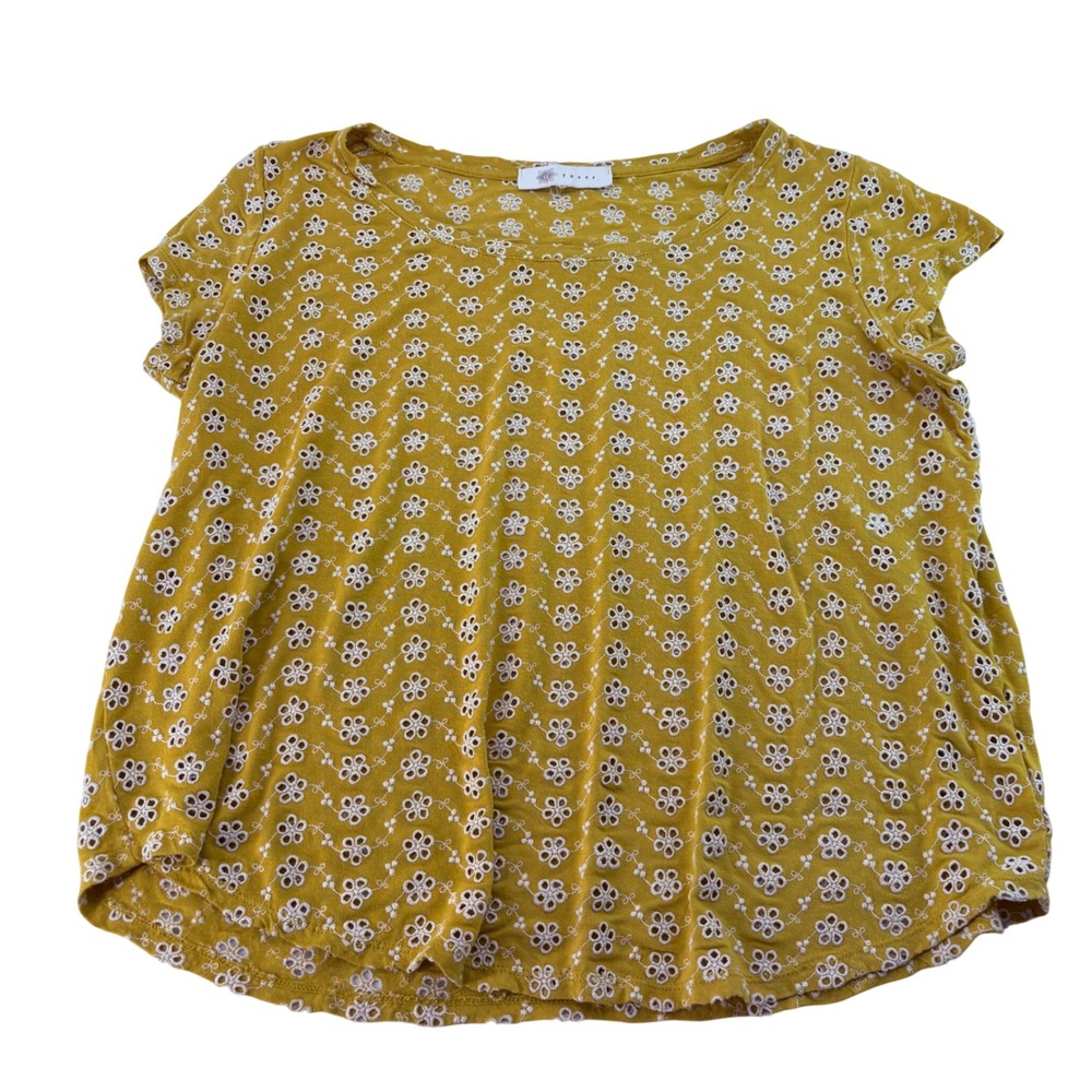 Fever Womens Mustard‎ Yellow Floral Eyelet Embroidered Short Sleeve Blouse Top